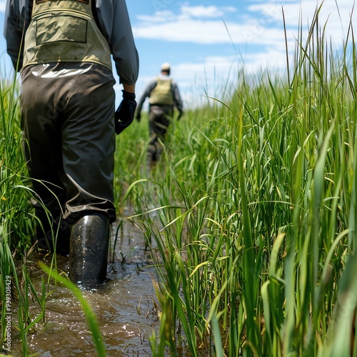 Fieldwork in Wetlands Researchers wearing waders collecting samples in a wetland area surrounded by tall grasses.