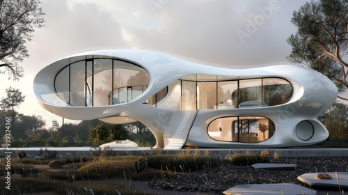 A futuristic white curvilinear house with expansive glass windows, set elegantly against a natural backdrop, exemplifying modern architectural innovation.