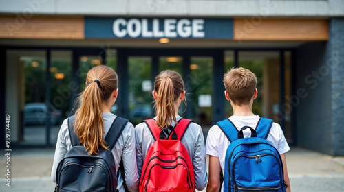 des collégiens le jour de la rentrée scolaire devant un collège - vus de dos