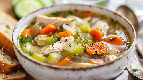 a bowl of light chicken and vegetable soup, featuring carrots, celery, and herbs, served with a slice of whole grain bread and a glass of cucumber water