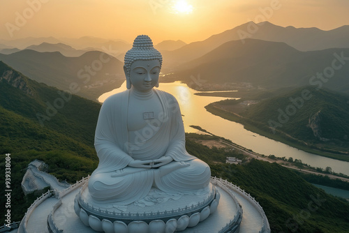 A giant, serene Buddha statue sits peacefully atop a hill, overlooking a serene river winding through mountains as the sun rises, creating a tranquil atmosphere.