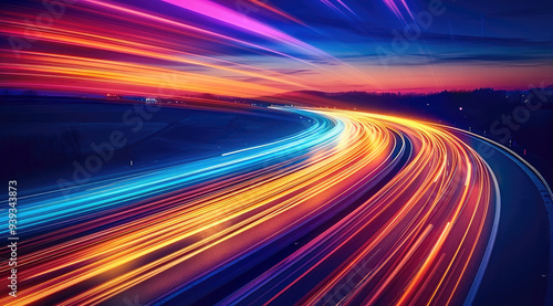 A highway with colorful light trails, symbolizing the speed and movement of digital marketing. Generative AI.