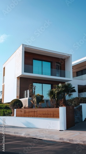 A contemporary two-story modern house featuring an elegant balcony and minimalist exterior design, illuminated by the soft sunlight on a quiet urban street.