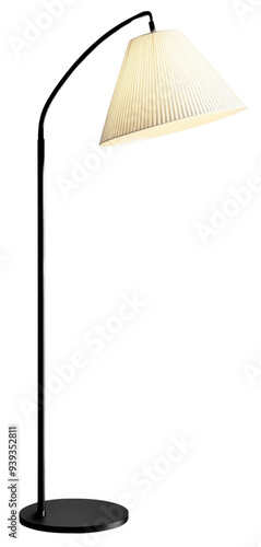 Modern Black Floor Lamp with Curved Arm and White Shade, isolated on transparent background. 