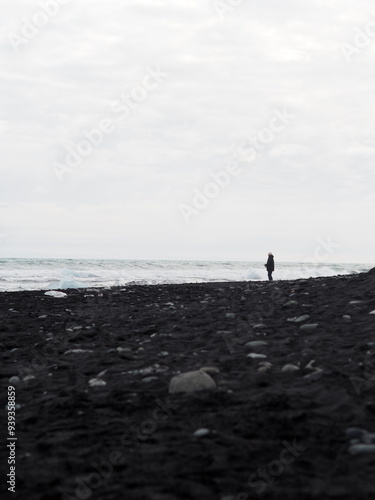 A solitary person stands on the vast black sand shore, gazing towards the tumultuous sea, enveloped by the vastness and majesty of the wild, untamed landscape - Iceland.