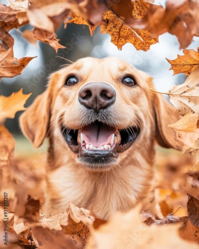 A cheerful dog surrounded by autumn leaves, showcasing joy and playfulness in a vibrant fall setting.