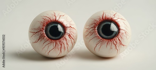 A pair of fake eyeballs with realistic red veins, placed on a clean white background for a creepy Halloween effect