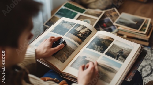 A young adult organizing printed photos in an album at home