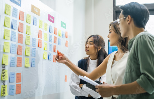 brainstorming session, using sticky notes on a task board (kanban) to organize ideas and workflow in a modern office