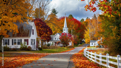 A picturesque New England village in the fall, with vibrant autumn leaves in shades of red, orange, and yellow. The scene features quaint colonial-style houses, a white steeple church.