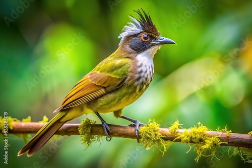 Vibrant Palawan bulbul perches on a lush green branch, showcasing its sleek brown plumage, white throat patch, and distinctive crest in a Philippine rainforest setting.