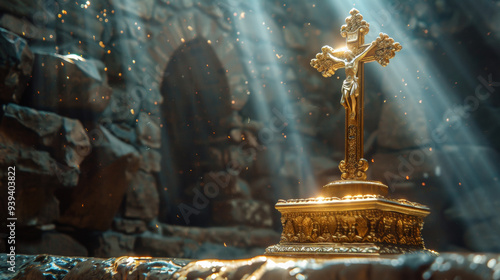 A gold plated medieval style cross sitting upright on a ornate gold base on a stone altar inside a church