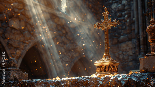 A gold plated medieval style cross sitting upright on a ornate gold base on a stone altar inside a church