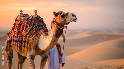 A Majestic Camel Adorned with Traditional Arabic Decorations ai image