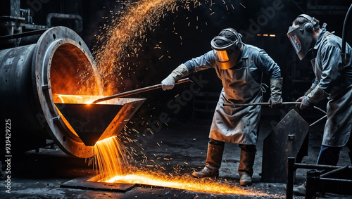 Two foundry workers pouring molten metal from furnace into mold