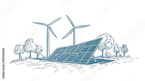 Handdrawn sketch of solar panels and wind turbines representing alternative energy sources in a vector illustration design