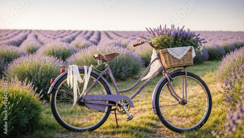 Purple retro bicycle standing in beautiful lavender field at sunset