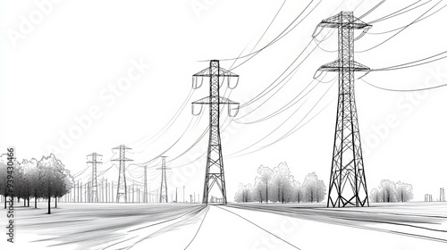 Monochrome illustration of high voltage power line towers presented as an electric transmission vector illustration