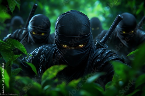 A group of ninjas performing a coordinated ambush in a dense forest, blending seamlessly with the environment as they prepare to strike