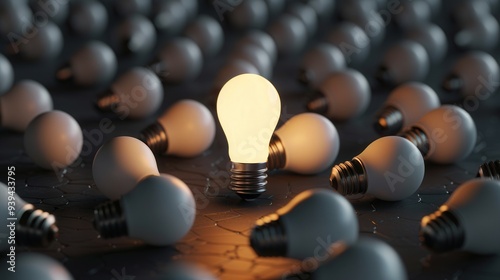 Illuminated Bulb in a Cluster of Dark Bulbs, symbolizing innovative thinking and unique solutions, vivid 3D rendering showcasing creativity and inspiration.