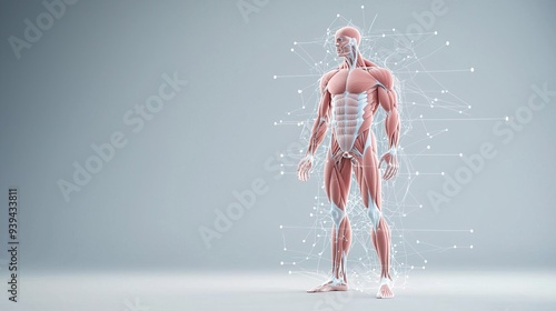 A detailed 3D illustration of the human muscular system, highlighting major muscle groups and showing the process of muscle contraction at a microscopic level, with labeled muscle