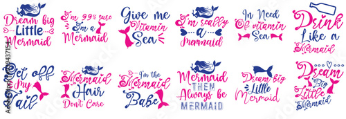 Decorative Mermaid Inscriptions, Calligraphy Set Vector Illustration for Packaging, Printing Press, Icon