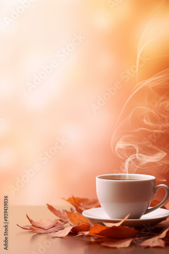 Cup with steaming tea against blurred autumn background