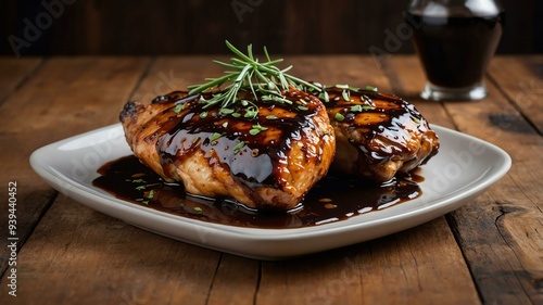 stock photography sizzling balsamic glazed chicken prepared aesthetically with a background of wooden table