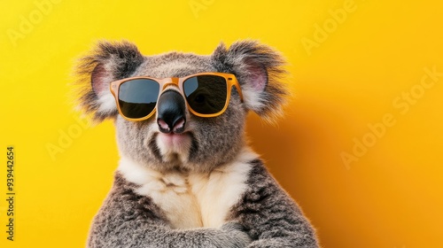 Adorable koala bear in sunglasses, set against a vibrant yellow background, looking cool and cute.