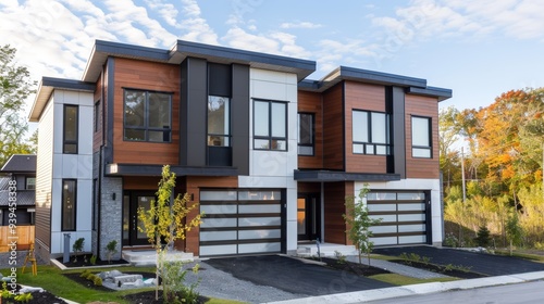 This image captures a modern duplex house with sleek design elements and contemporary architecture, situated in a peaceful suburban neighborhood, perfect for families.