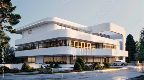 A sophisticated white futuristic building characterized by smooth curved lines and extensive windows, captured on a rainy day to highlight its modern style.