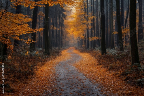 Enchanting autumn forest pathway covered with fallen orange leaves, leading through tall trees in a misty, serene woodland setting, evoking a sense of mystery and tranquility