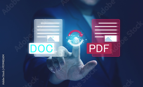 Convert PDF files. concept of technology transforms documents into portable document formats.