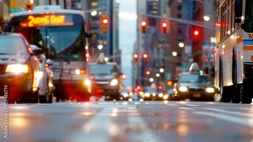 Urban city street bustling with cars and buses during evening rush hour, showcasing a vibrant cityscape with blurred motion and traffic lights.