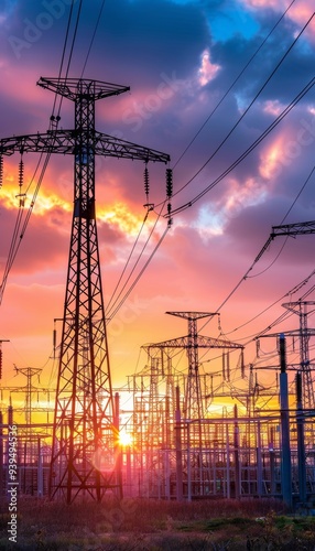 Industrial landscape at sunset electric power lines and substation bathed in warm glow