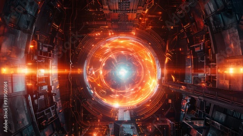 Intricate thermonuclear fusion reactor with swirling plasma and glowing fields for infinite energy