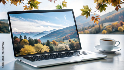 Freelance concept, open laptop on table, screensaver in the form of an autumn landscape, a cup of coffee, against the background of a picturesque autumn landscape