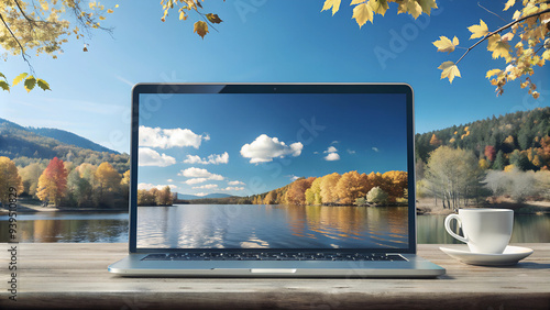 Freelance concept, open laptop on table, screensaver in the form of an autumn landscape, a cup of coffee, against the background of a picturesque autumn landscape