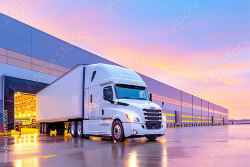 Truck in Freight Transport at Distribution Center | Professional Trucking Services in Action Under Colorful Sunset Sky