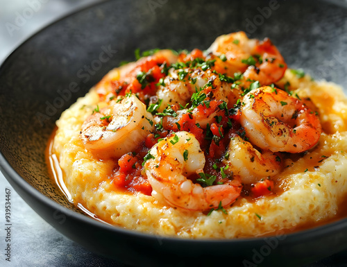 Delicious shrimp served over creamy grits, garnished with herbs and a rich sauce for a comforting meal.