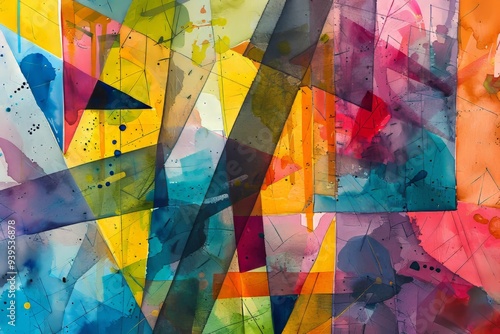 This watercolor painting features geometric, overlapping shapes in a vibrant, translucent array of colors, blending beautifully.