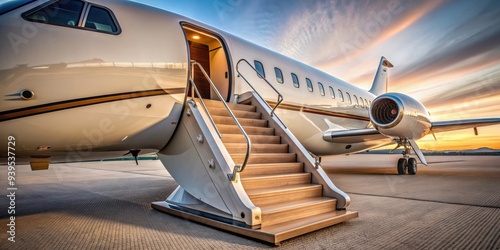 Stairs with jet engine attached to a private airplane Bombardier , private jet, aircraft, transportation