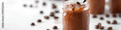 Mason Jar Iced Coffee. Delicious Arabica Coffee Beverage with Chocolate on White Background