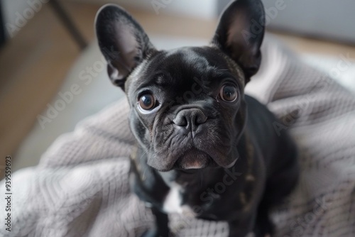 Black french bulldog puppy is giving a cute look while relaxing on a soft blanket