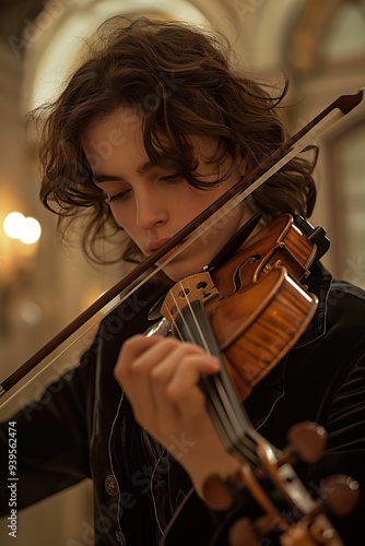 man playing violin in a recital as a concertmaster. Music artist performing classical music expertly. The elegant bowing enhances the harmonious atmosphere of the concert.