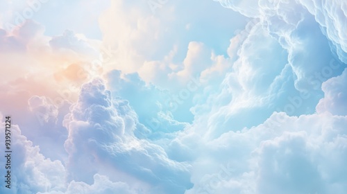 A cloudscape with soft ozone effects, featuring ethereal lighting and abstract cutout forms in a sky-filled scene.