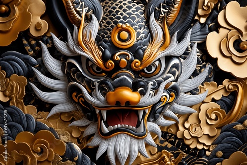 A traditional Japanese woodblock print of the nine-tailed fox, with rich colors and intricate patterns, depicting it as a revered deity in a cultural festival