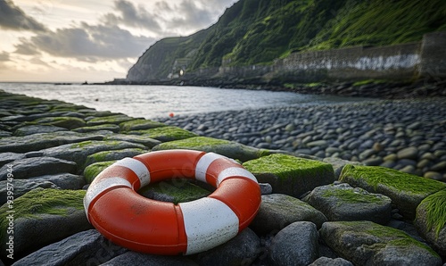 A red and white lifebuoy sits on a rocky shore with a scenic coastline in the background, offering a sense of safety and security.