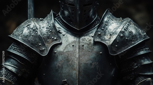 Detailed close-up of medieval armor and weaponry, placed against a dark and moody backdrop.