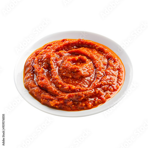 Traditional croatian ajvar, a red pepper and eggplant spread, presented in a white bowl on a transparent background, highlighting its rich texture and vibrant color